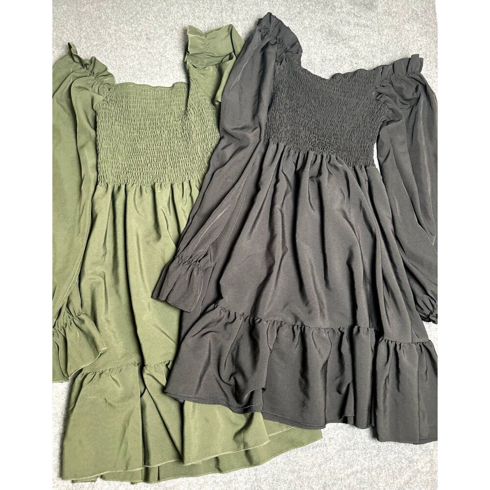Women's Square Neck Long Sleeve Ruffle Party Mini Dress Black Green Size Medium